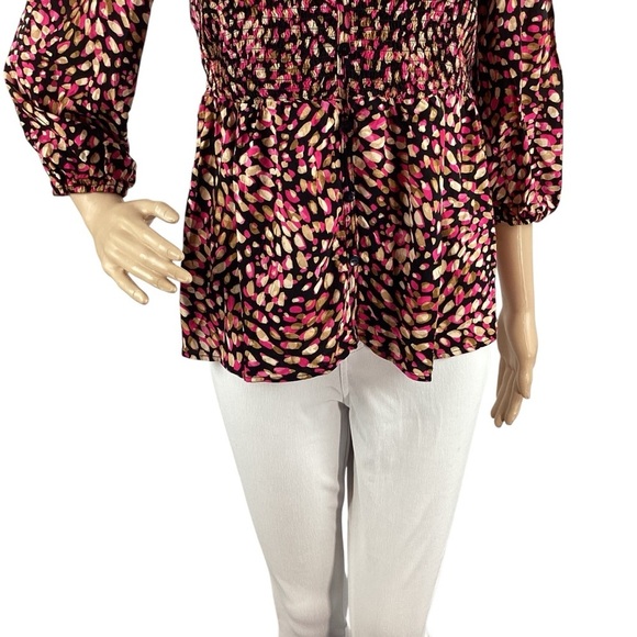 Cato Smocked Empire Waist Blouse Black Pink Print Size Small - Picture 3 of 7